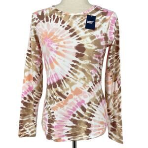 LANDS END NWT Tie Dye Burst Long Sleeve Rashguard Swim T Shirt Size Medium Pink